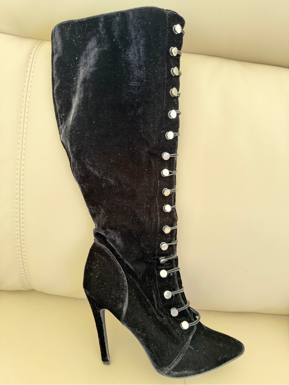 Daylene Black Velvet Knee High Stiletto Boots